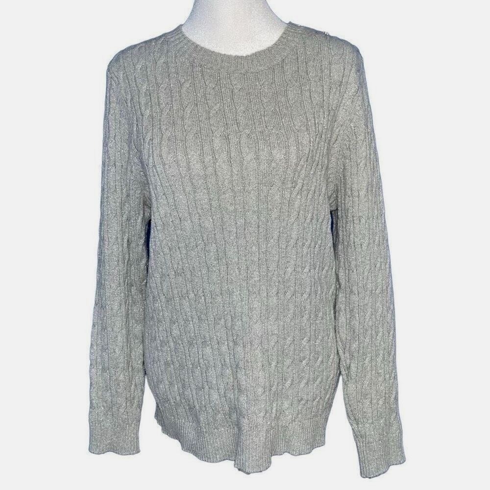 Charter Club Womens XL Silver Metallic‎ Cable Knit Crew Neck Sweater Long Sleeve